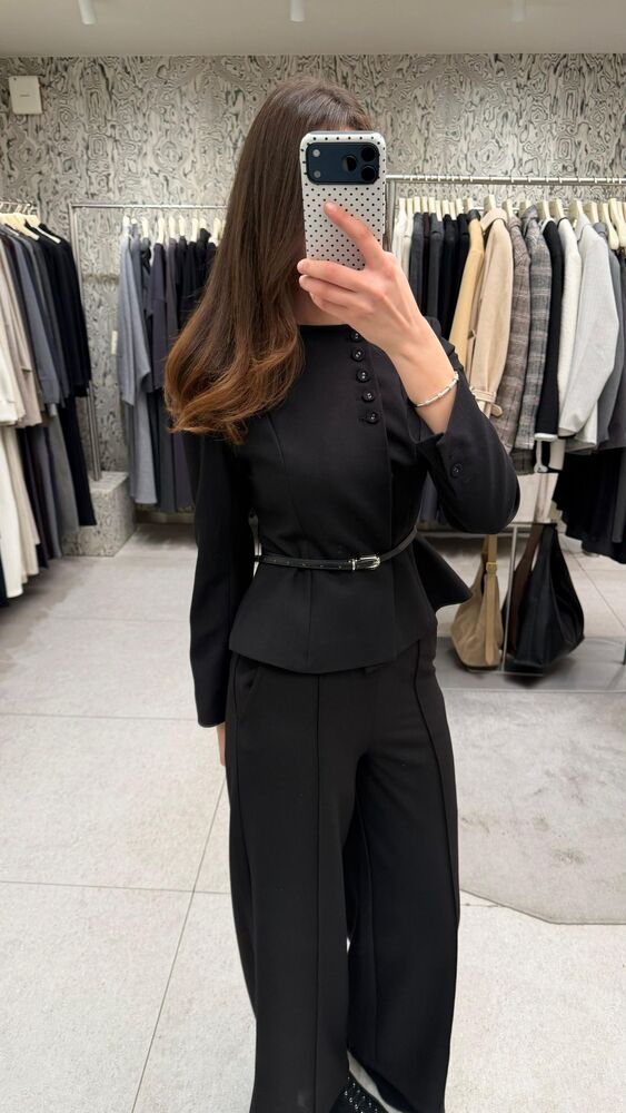 Belted Collarless Blazer + Pants Set