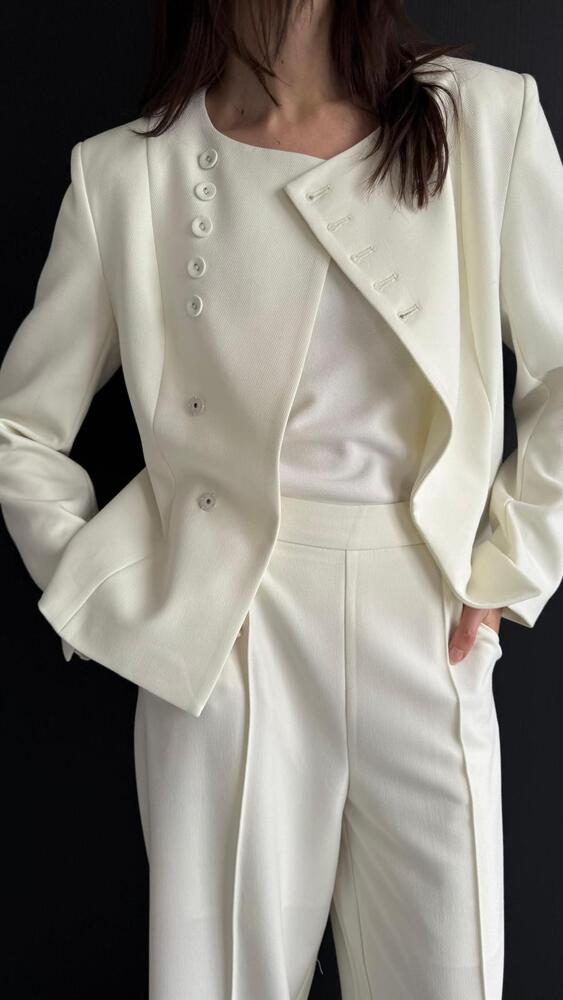 Belted Collarless Blazer + Pants Set