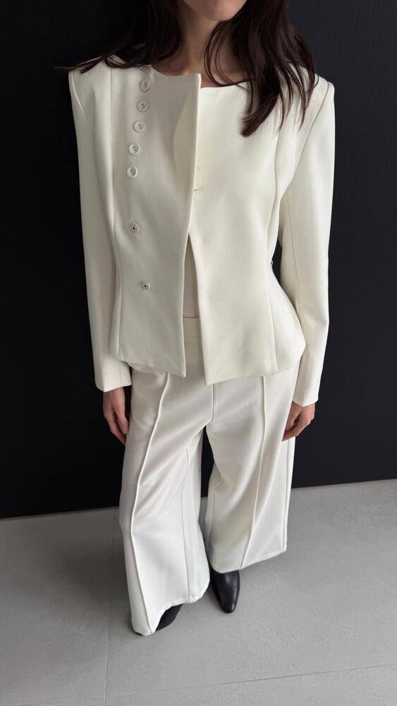 Belted Collarless Blazer + Pants Set