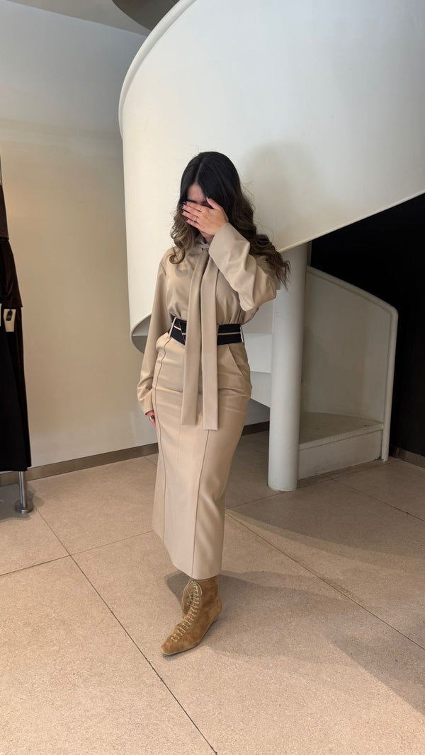 Collarless Tie Blouse + Skirt Set