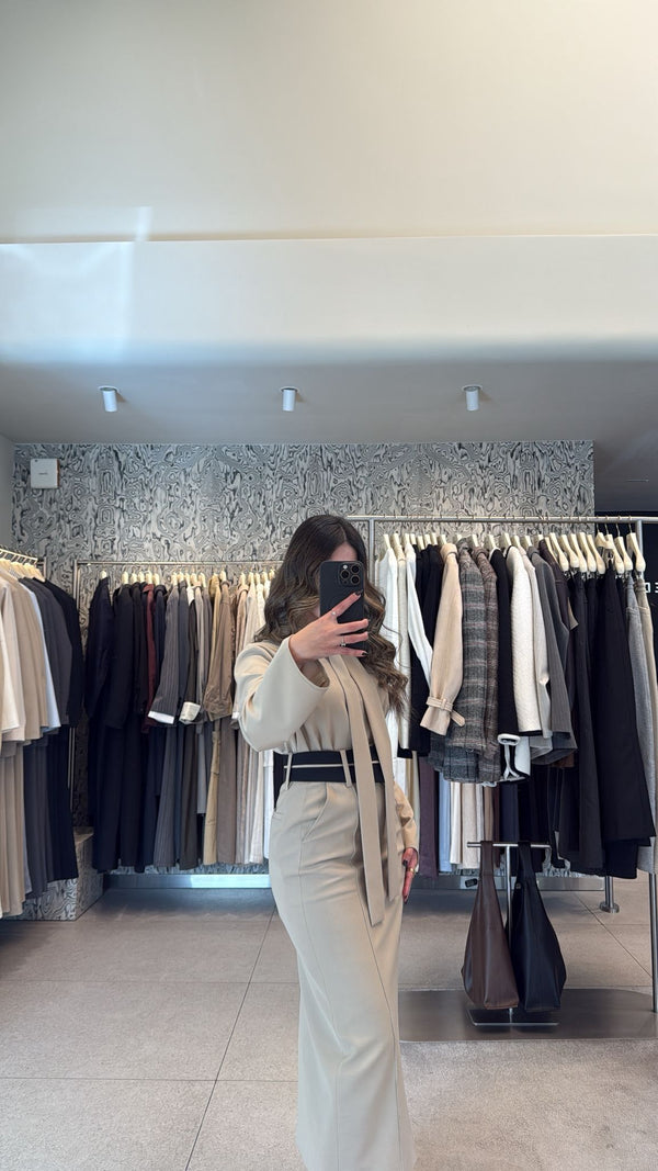 Collarless Tie Blouse + Skirt Set