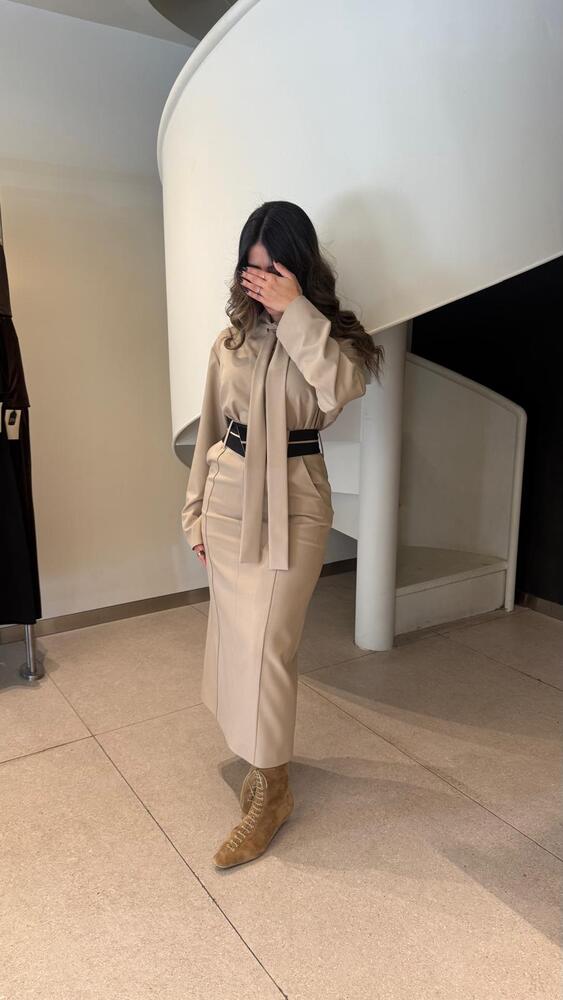 Collarless Tie Blouse + Skirt Set