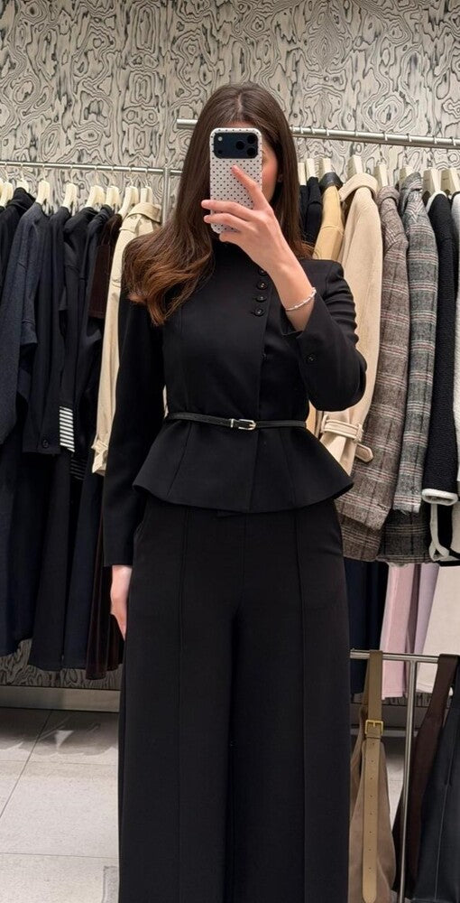Belted Collarless Blazer + Pants Set