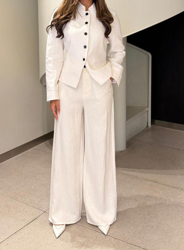 Linen Round Neck Blazer + Pants Set