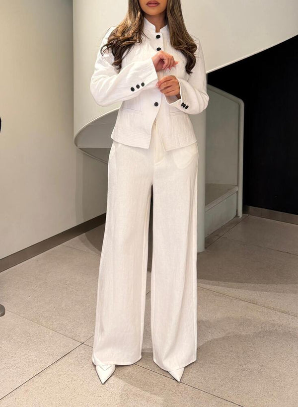 Linen Round Neck Blazer + Pants Set