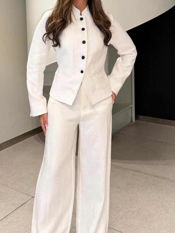 Linen Round Neck Blazer + Pants Set