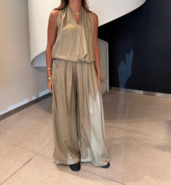 Collarless V-Neck Pants Set