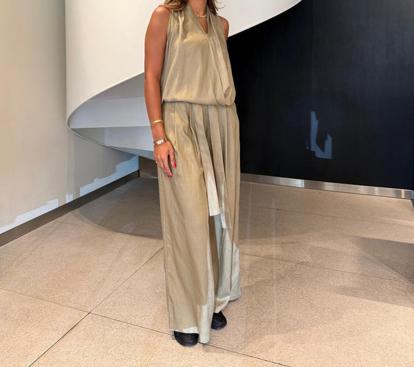 Collarless V-Neck Pants Set