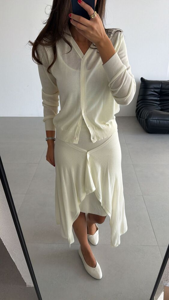 V-neck Cardigan + Layered Skirt Set