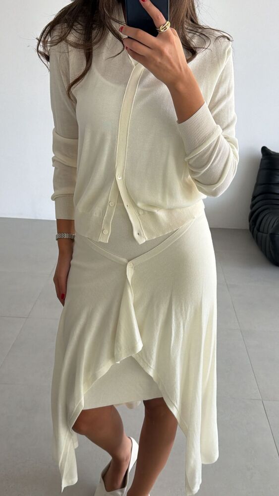 V-neck Cardigan + Layered Skirt Set