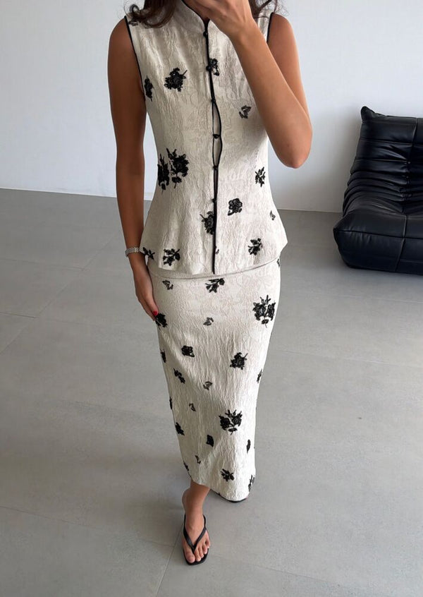 Sleeveless Mandarin Top + Skirt Set