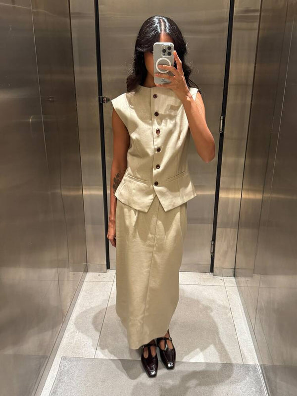 Button Split Vest + Skirt Set
