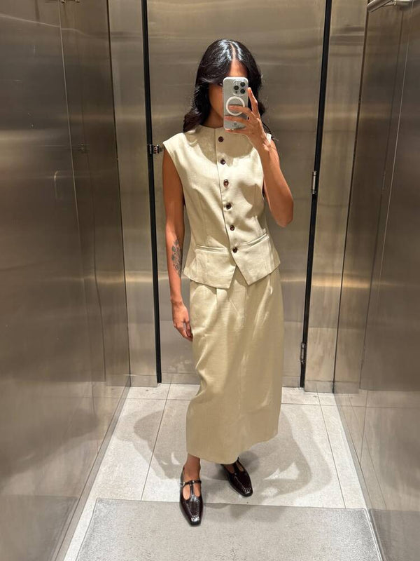 Button Split Vest + Skirt Set