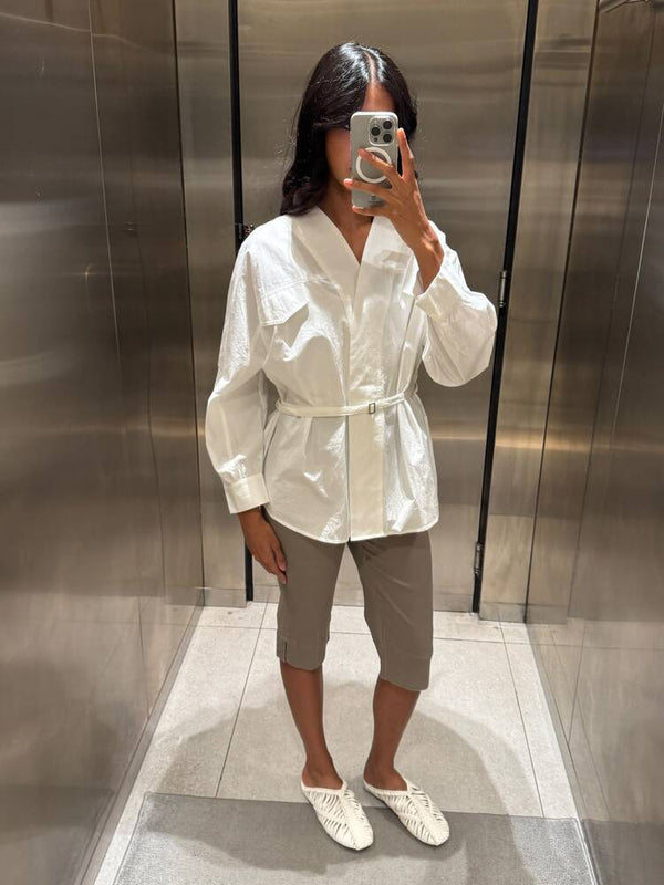 V Neckline Belted Shirt