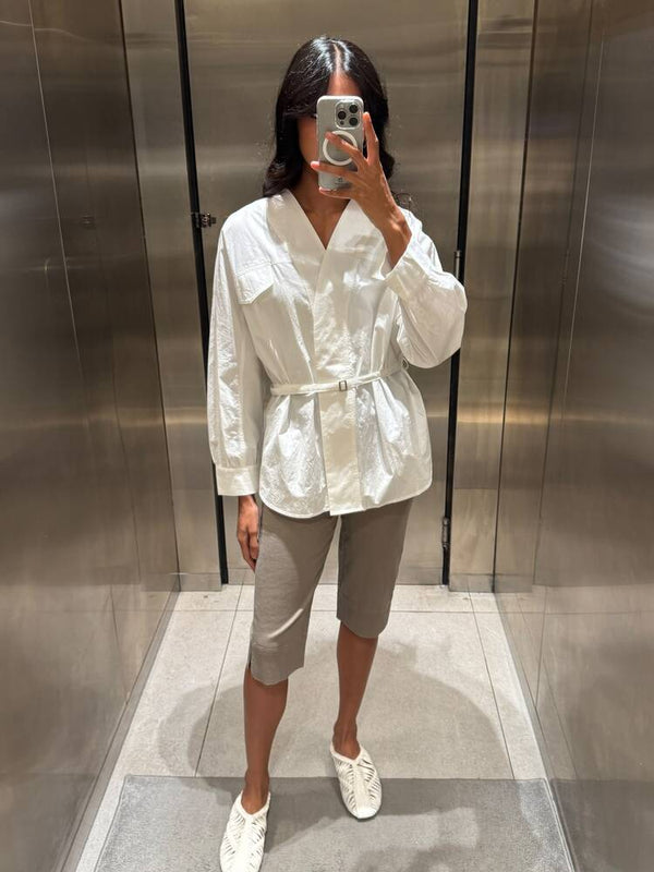 V Neckline Belted Shirt