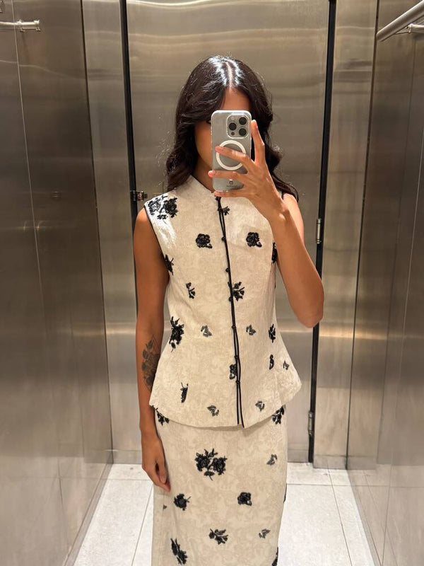 Sleeveless Mandarin Top + Skirt Set