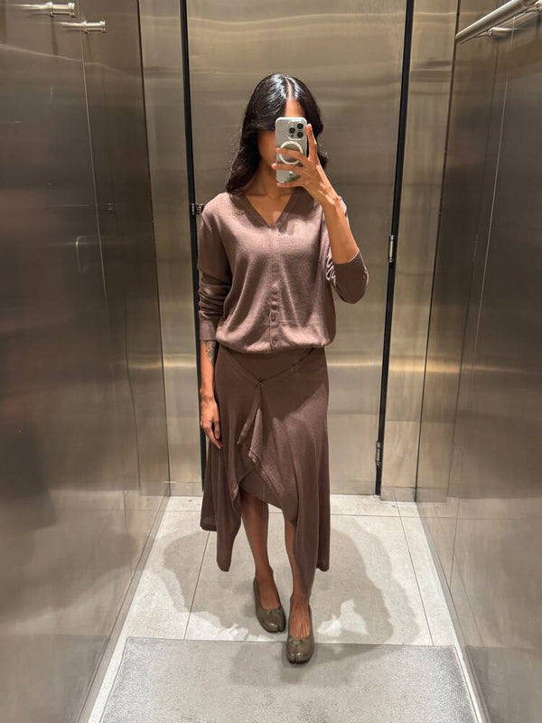 V-neck Cardigan + Layered Skirt Set