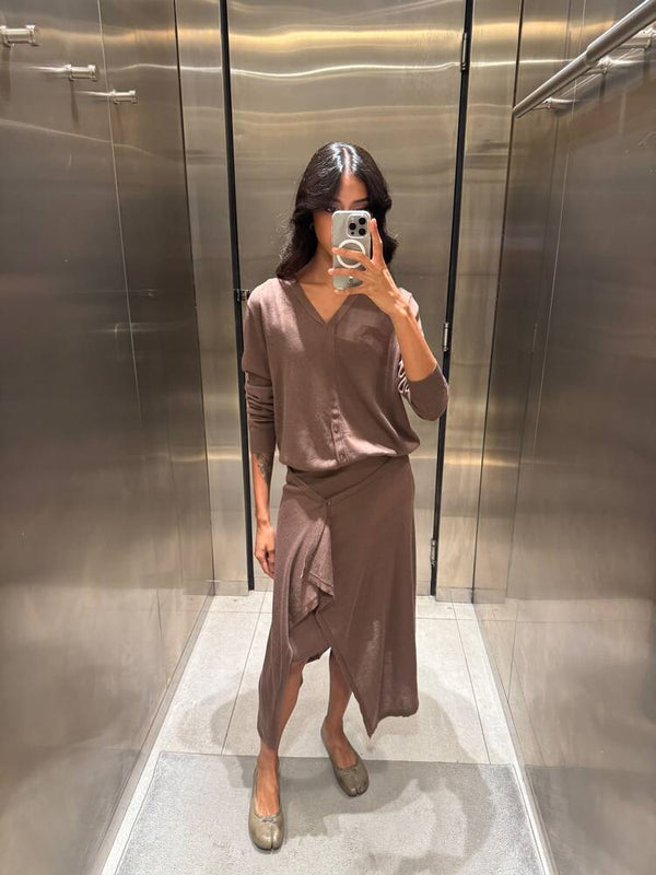 V-neck Cardigan + Layered Skirt Set