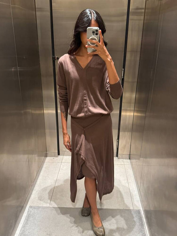 V-neck Cardigan + Layered Skirt Set