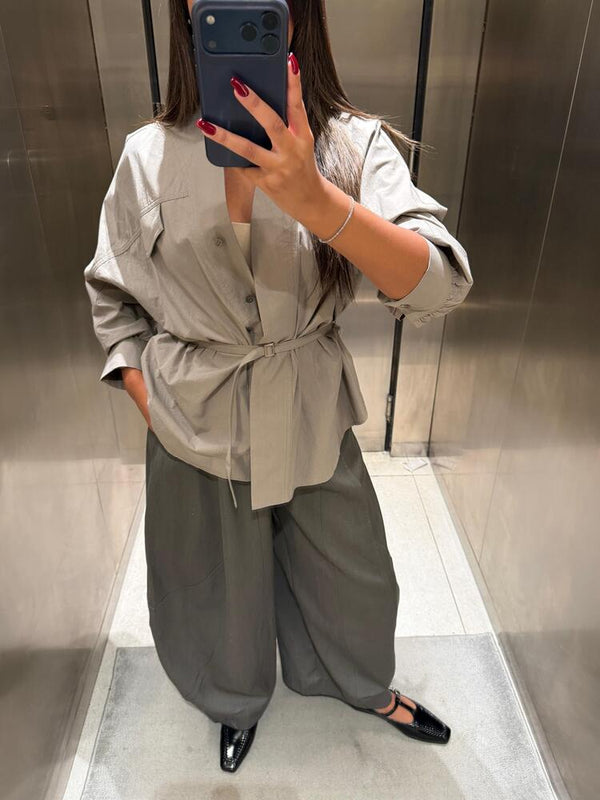V Neckline Belted Shirt