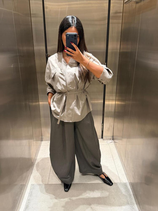 V Neckline Belted Shirt