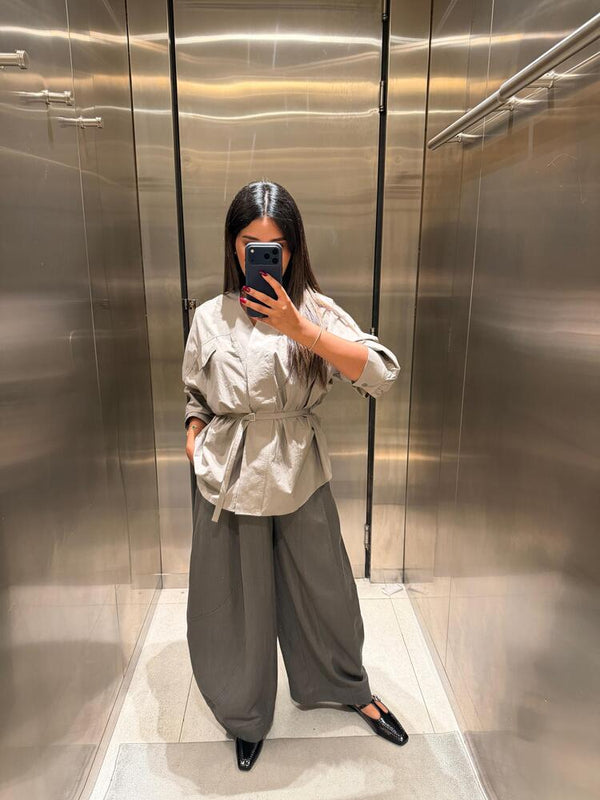 V Neckline Belted Shirt