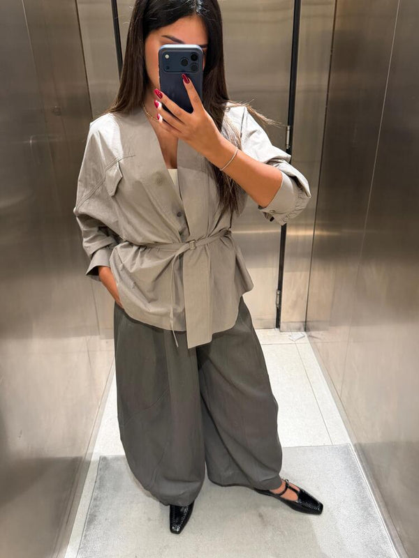 V Neckline Belted Shirt