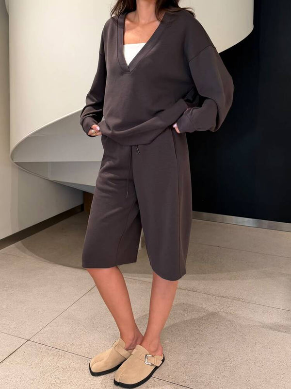 V-Neck Sweatshirt Shorts Set