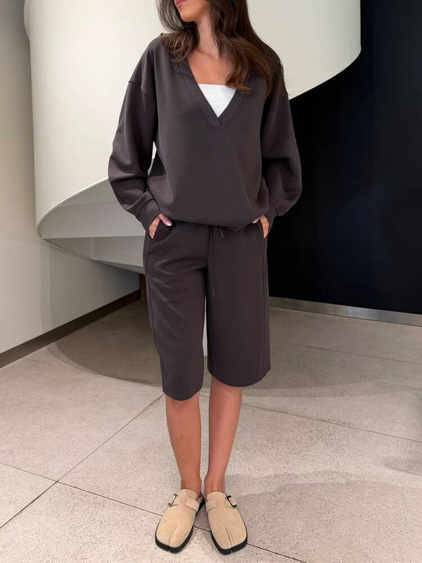 V-Neck Sweatshirt Shorts Set