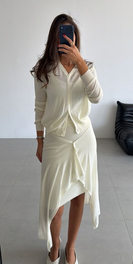 V-neck Cardigan + Layered Skirt Set