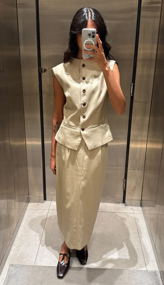 Button Split Vest + Skirt Set