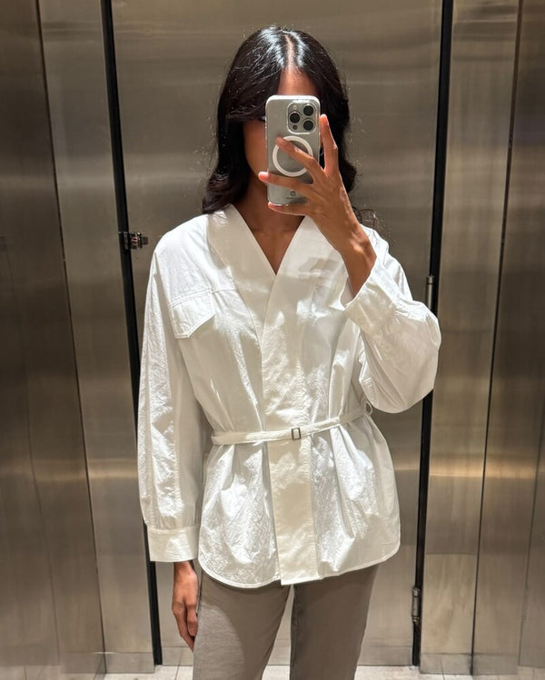 V Neckline Belted Shirt