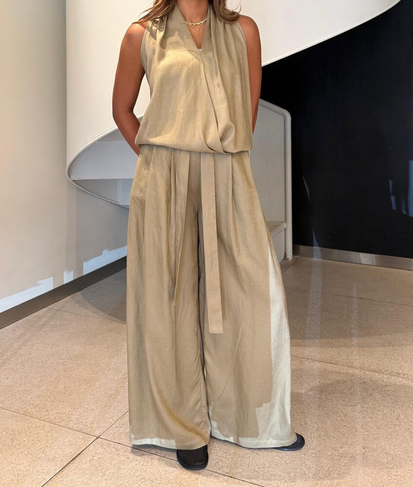 Collarless V-Neck Pants Set
